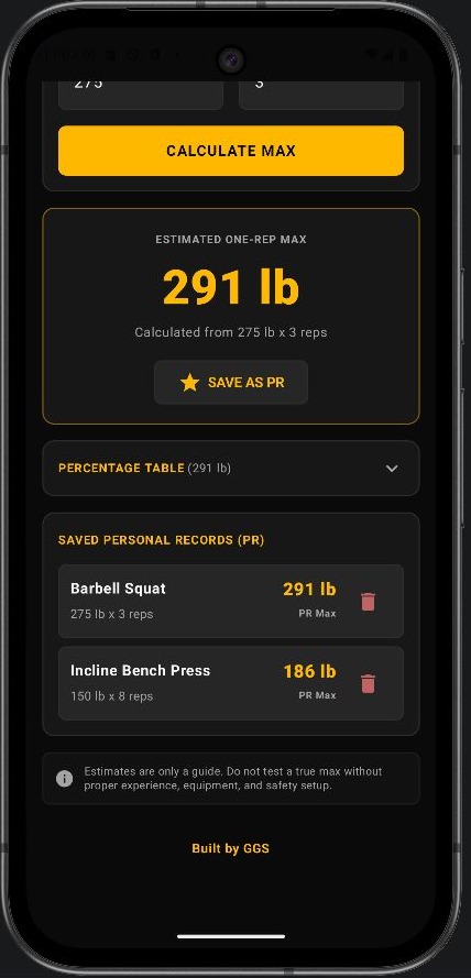 One Rep Max calculator entry screen