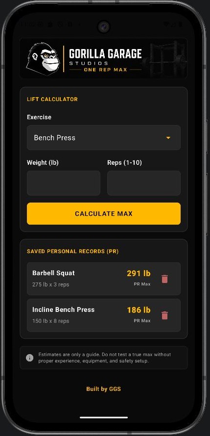 One Rep Max calculator main screen