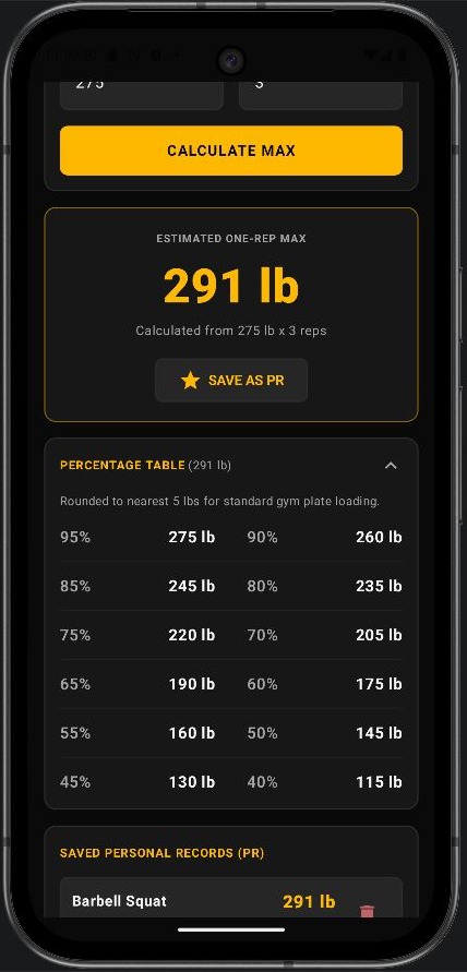 One Rep Max calculator results screen